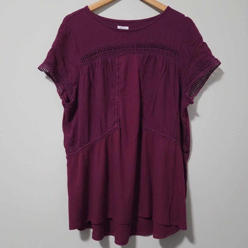 Westport Plum Purple Crochet‎ Lace Trim Mixed Media Top Plus Size 2X Womens